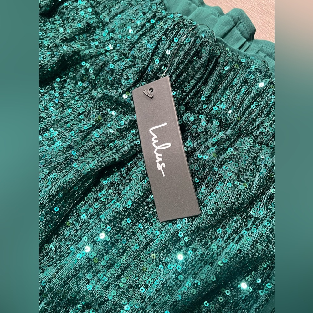 Lulu's Emerald Green Sequin Wide Leg Jumpsuit Pants - Picture 6 of 7